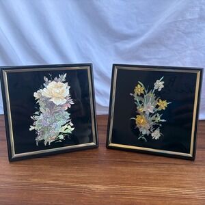 Vintage Kafka Industries Foil Art Floral Set of 2 Mid Century Framed Wall Decor
